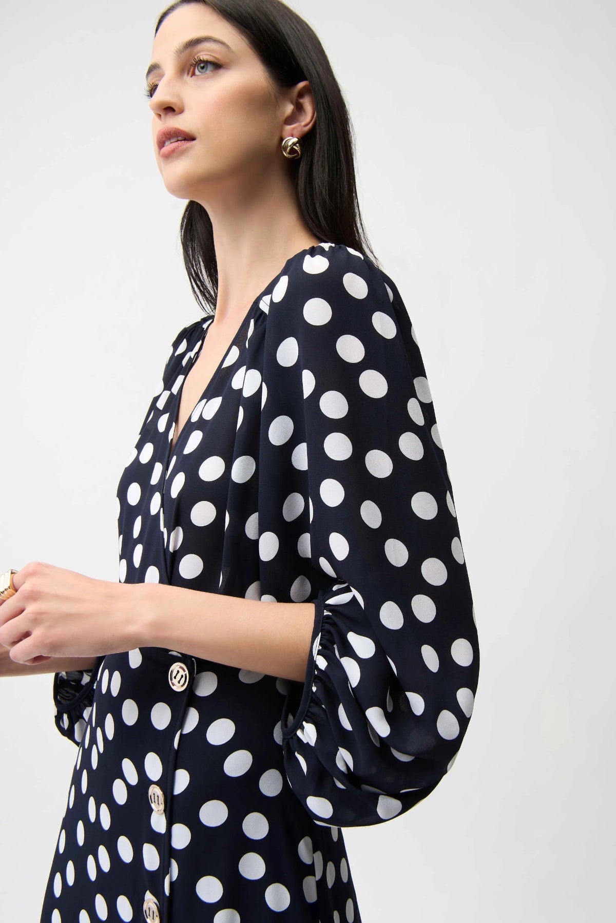 Georgette Dot Print Wrap Dress With Puff Sleeves
