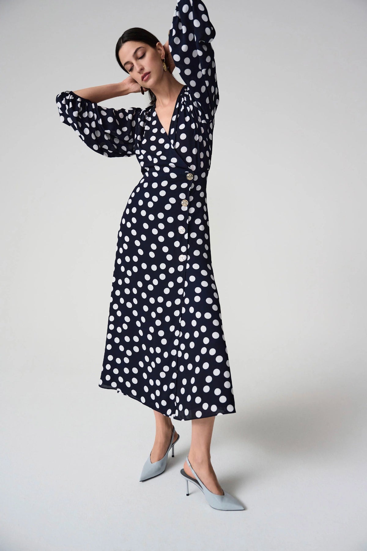 Georgette Dot Print Wrap Dress With Puff Sleeves