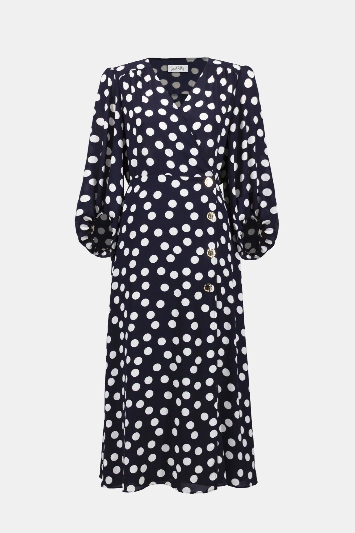 Georgette Dot Print Wrap Dress With Puff Sleeves