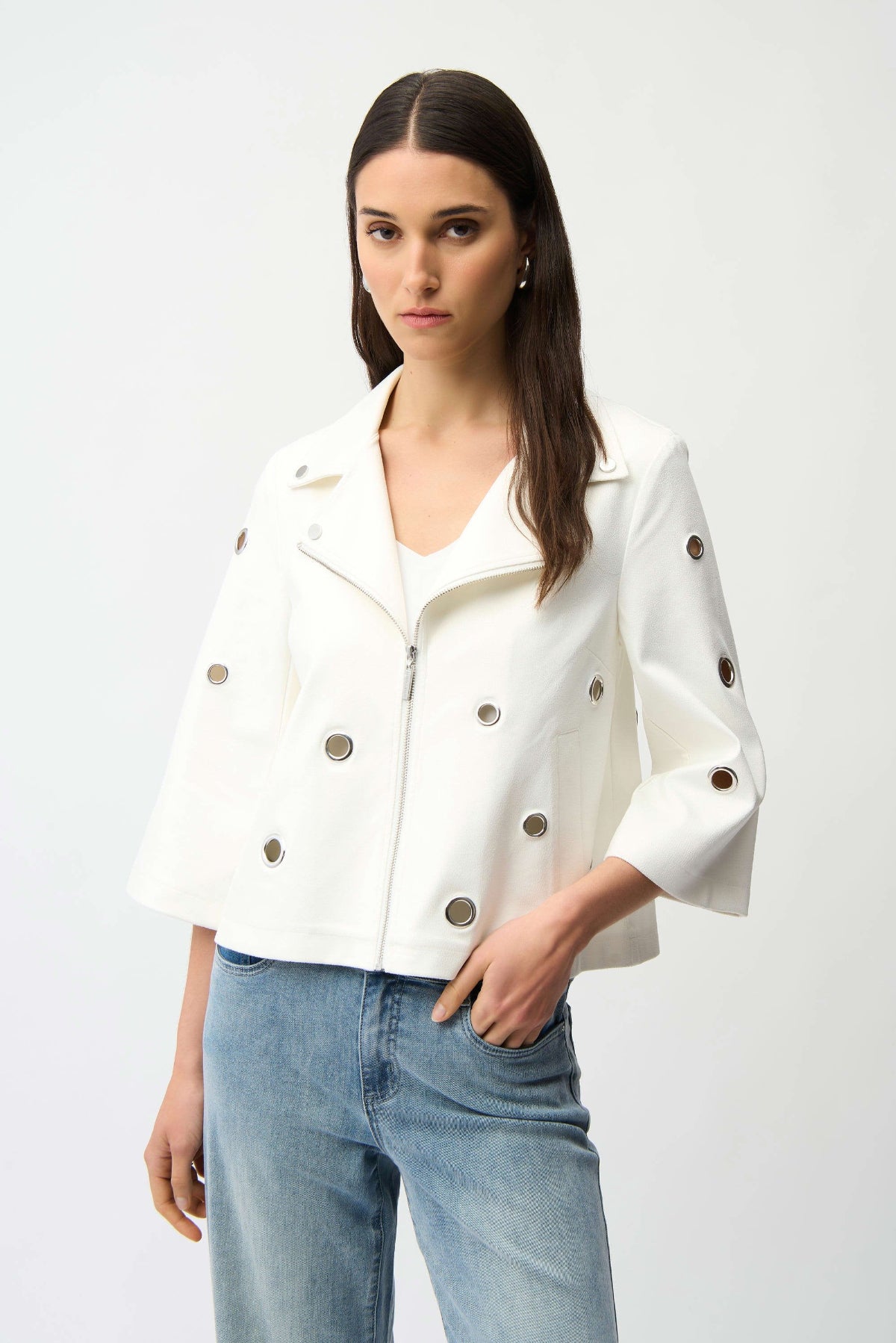 Joseph Ribkoff Foiled Faux Suede Swing Jacket With Eyelets