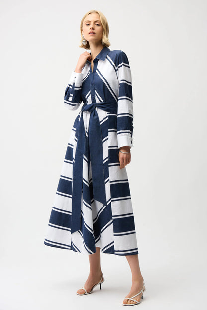 Cotton Stripe Print Fit and Flare Shirt Dress