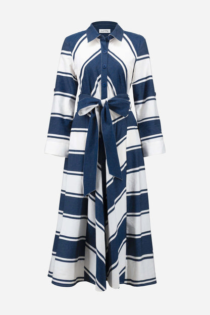 Cotton Stripe Print Fit and Flare Shirt Dress