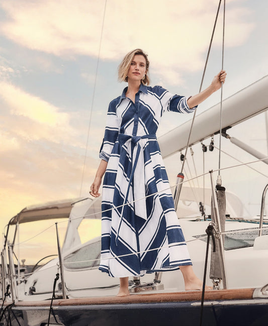 Cotton Stripe Print Fit and Flare Shirt Dress