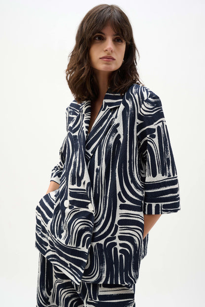 Joseph Ribkoff Seersucker Abstract Print Double-Breasted Blazer