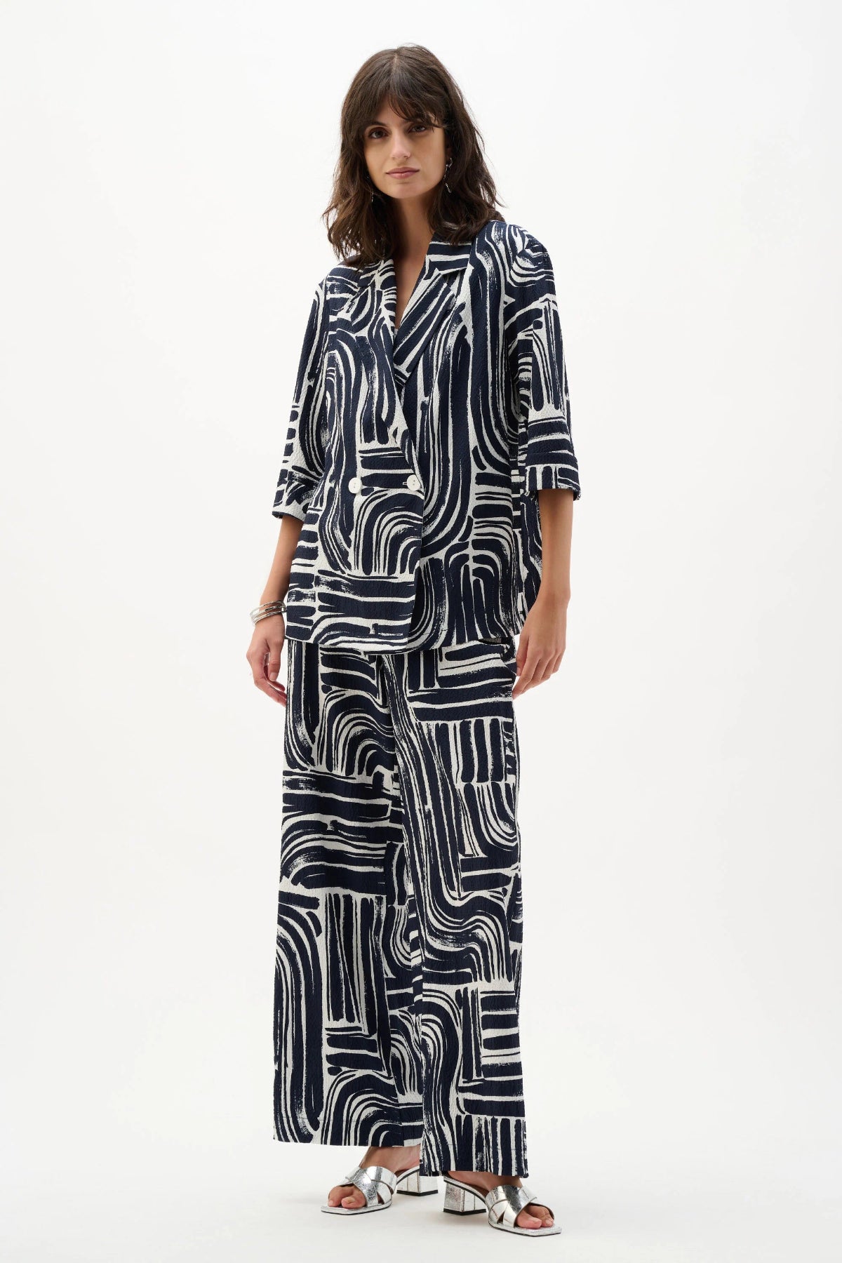 Joseph Ribkoff Seersucker Abstract Print Double-Breasted Blazer