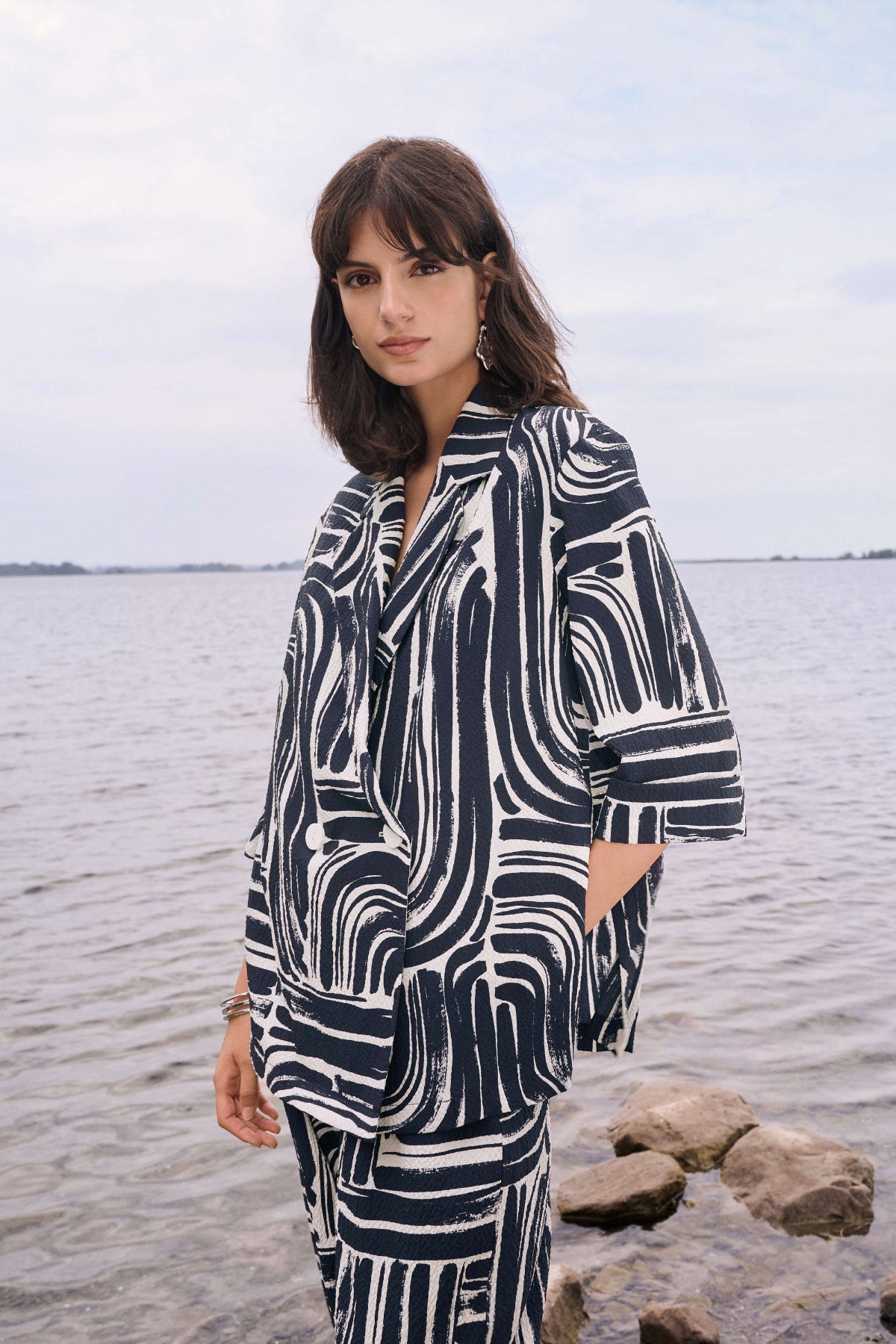 Joseph Ribkoff Seersucker Abstract Print Double-Breasted Blazer