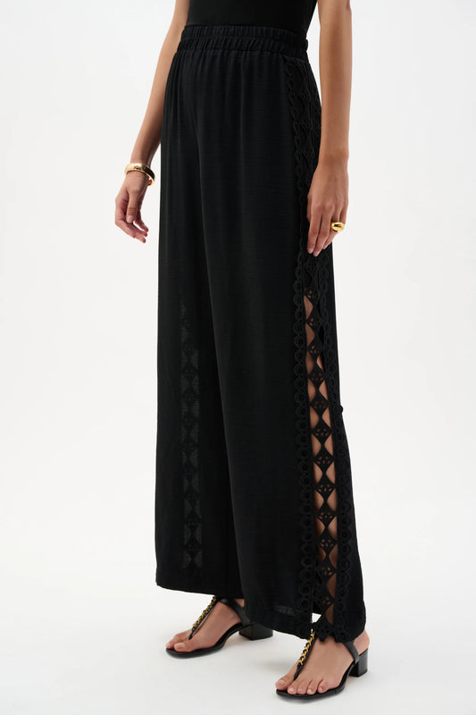 Wide Leg Pull-On Trousers With Guipure Trim - Lucindas on-line