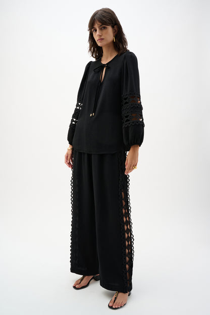 Wide Leg Pull-On Trousers With Guipure Trim - Lucindas on-line