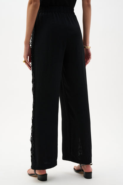Wide Leg Pull-On Trousers With Guipure Trim - Lucindas on-line