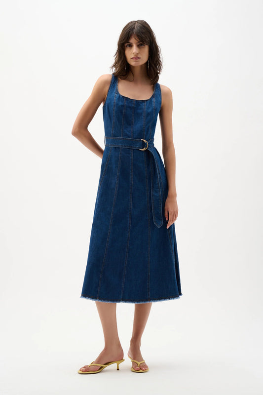 Joseph Ribkoff Denim Fit And Flare Midi Dress With Belt