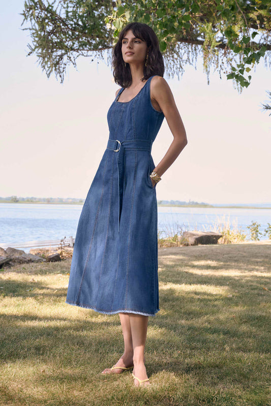 Joseph Ribkoff Denim Fit And Flare Midi Dress With Belt