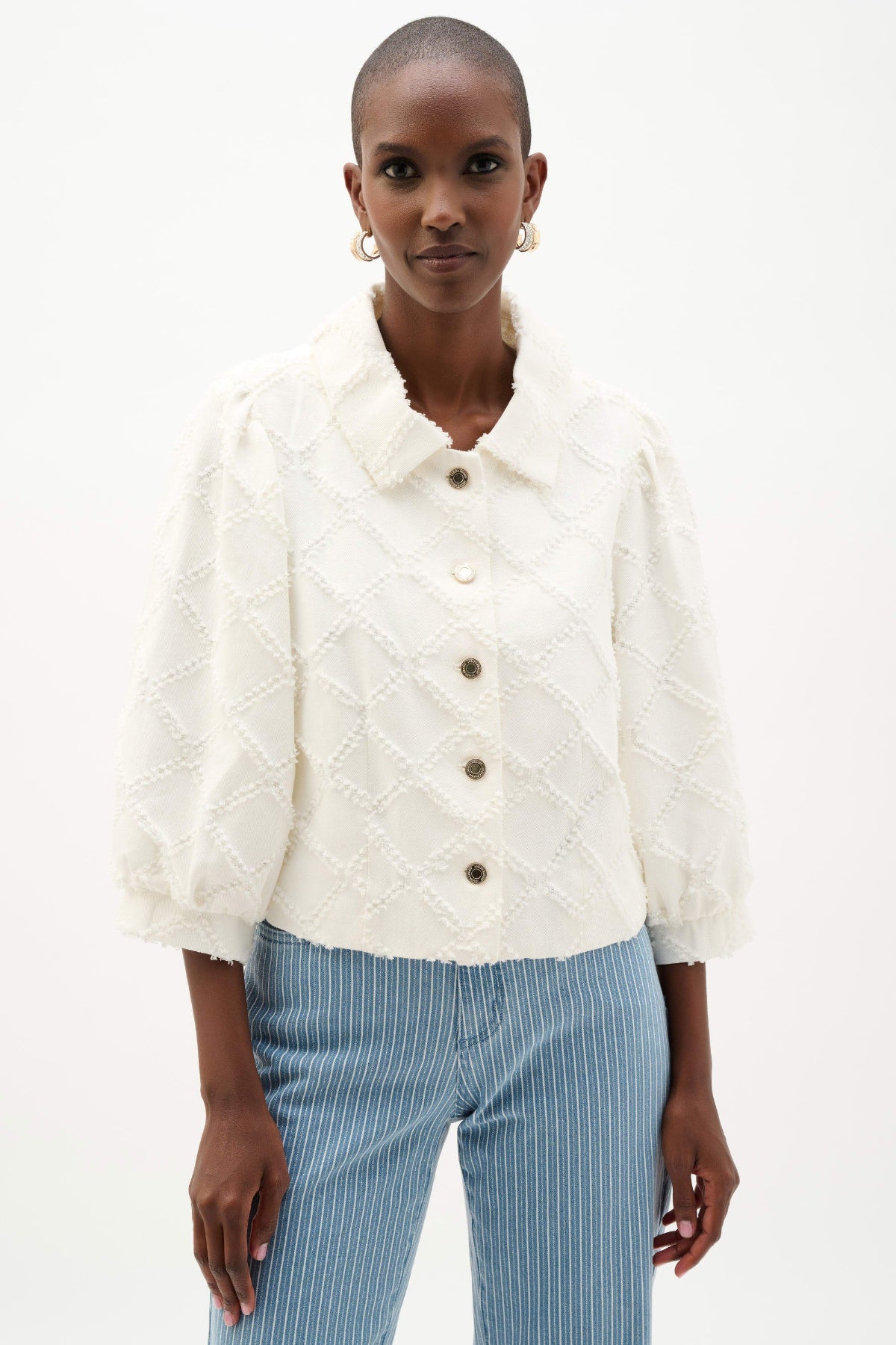 Joseph Ribkoff White Cotton Jacket with  Balloon Sleeves