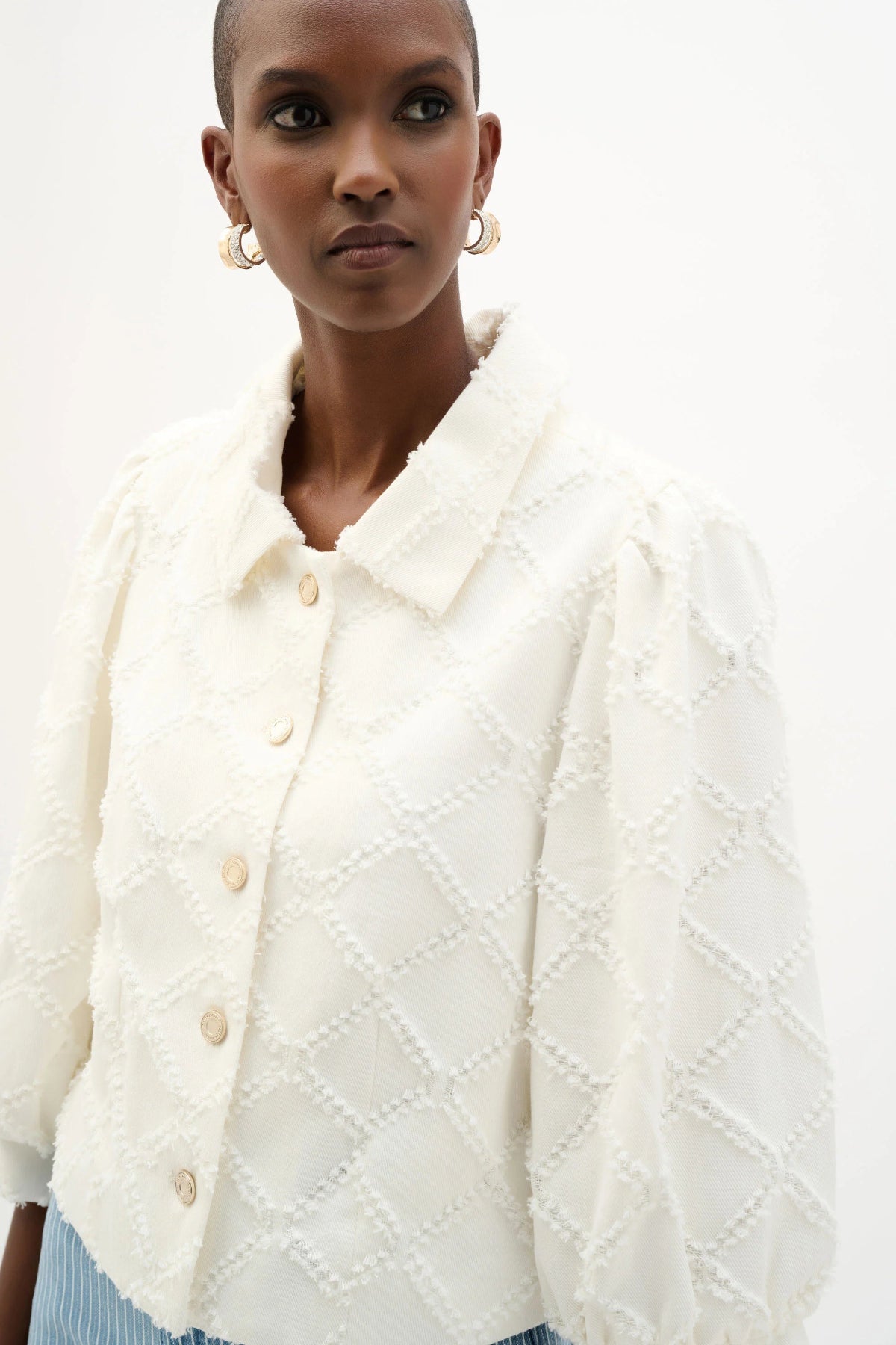 Joseph Ribkoff White Cotton Jacket with  Balloon Sleeves