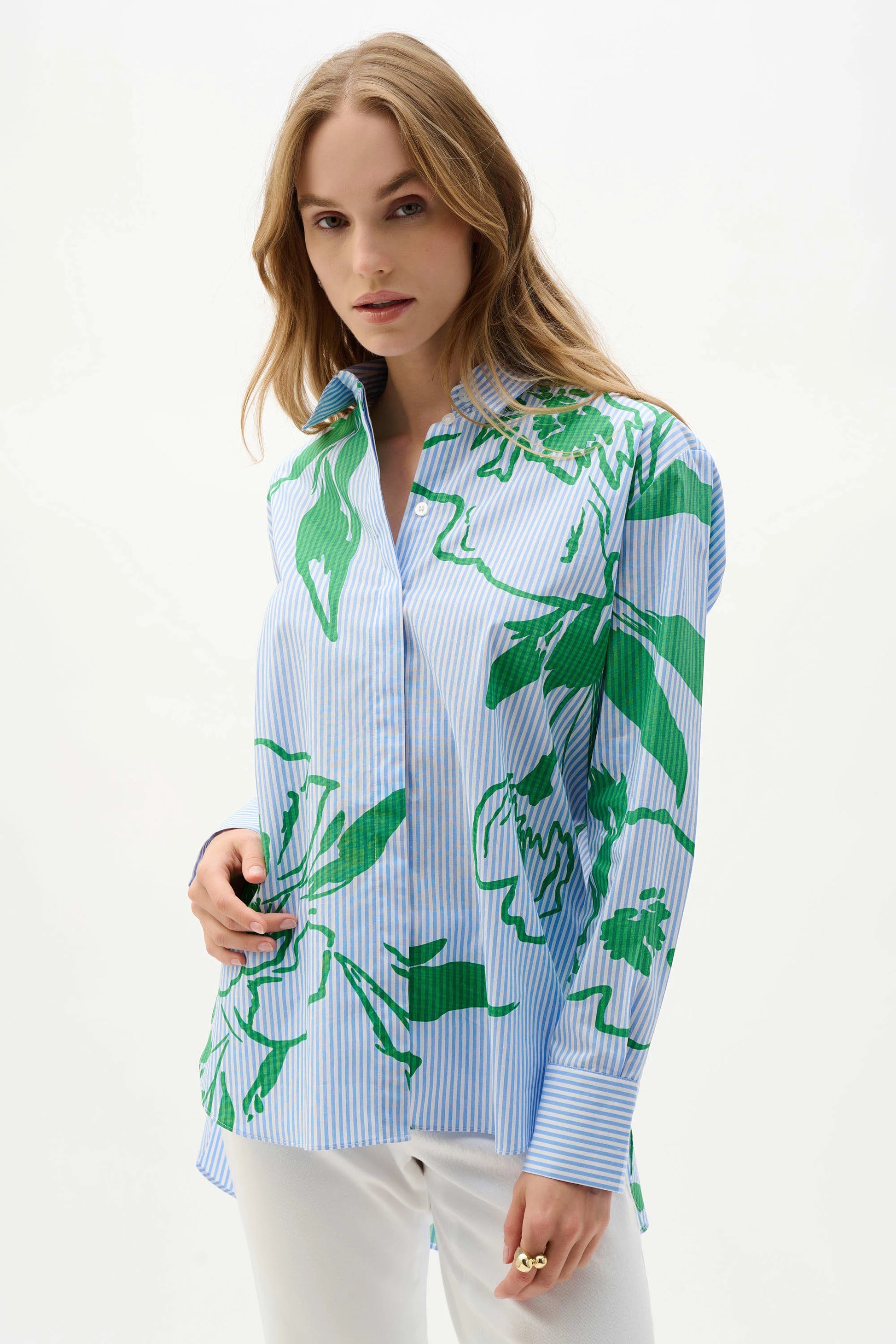 Cotton Stripe Floral Print Boxy Blouse - Lucindas on-line