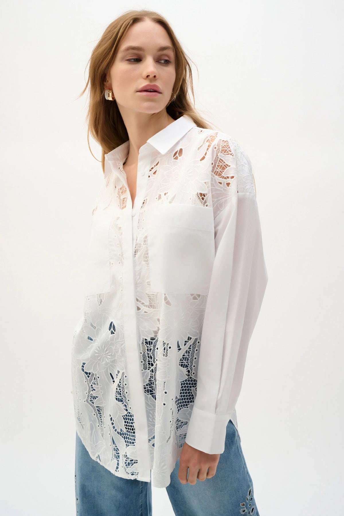 Joseph Ribkoff Cotton Lace Boxy Shirt With Embroidery