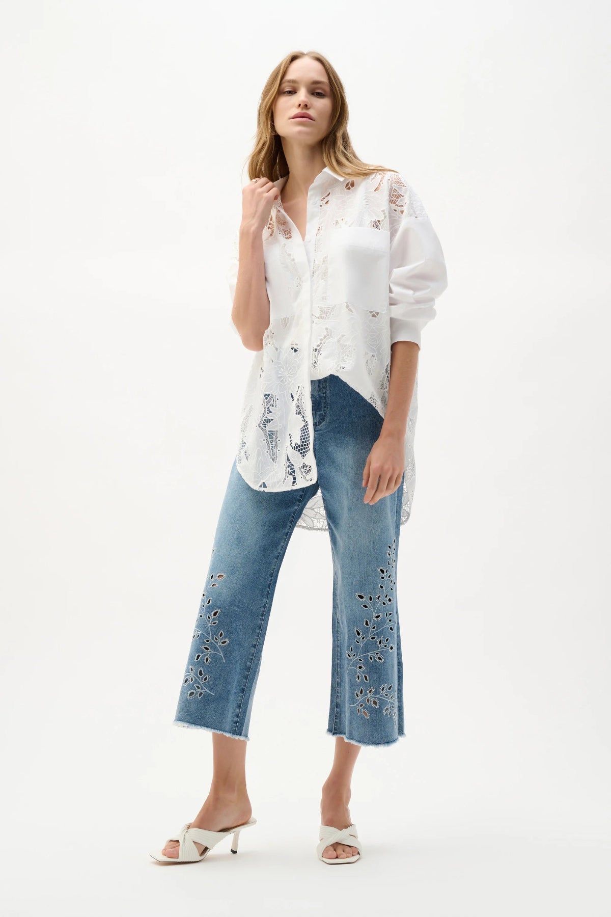 Joseph Ribkoff Cotton Lace Boxy Shirt With Embroidery