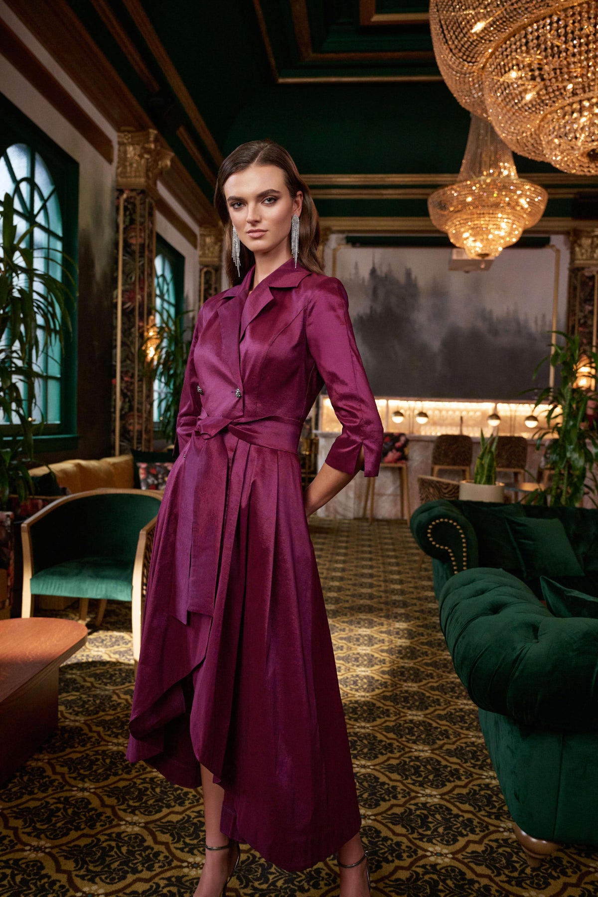 Stretch Taffeta Fit and Flare Wrap Dress