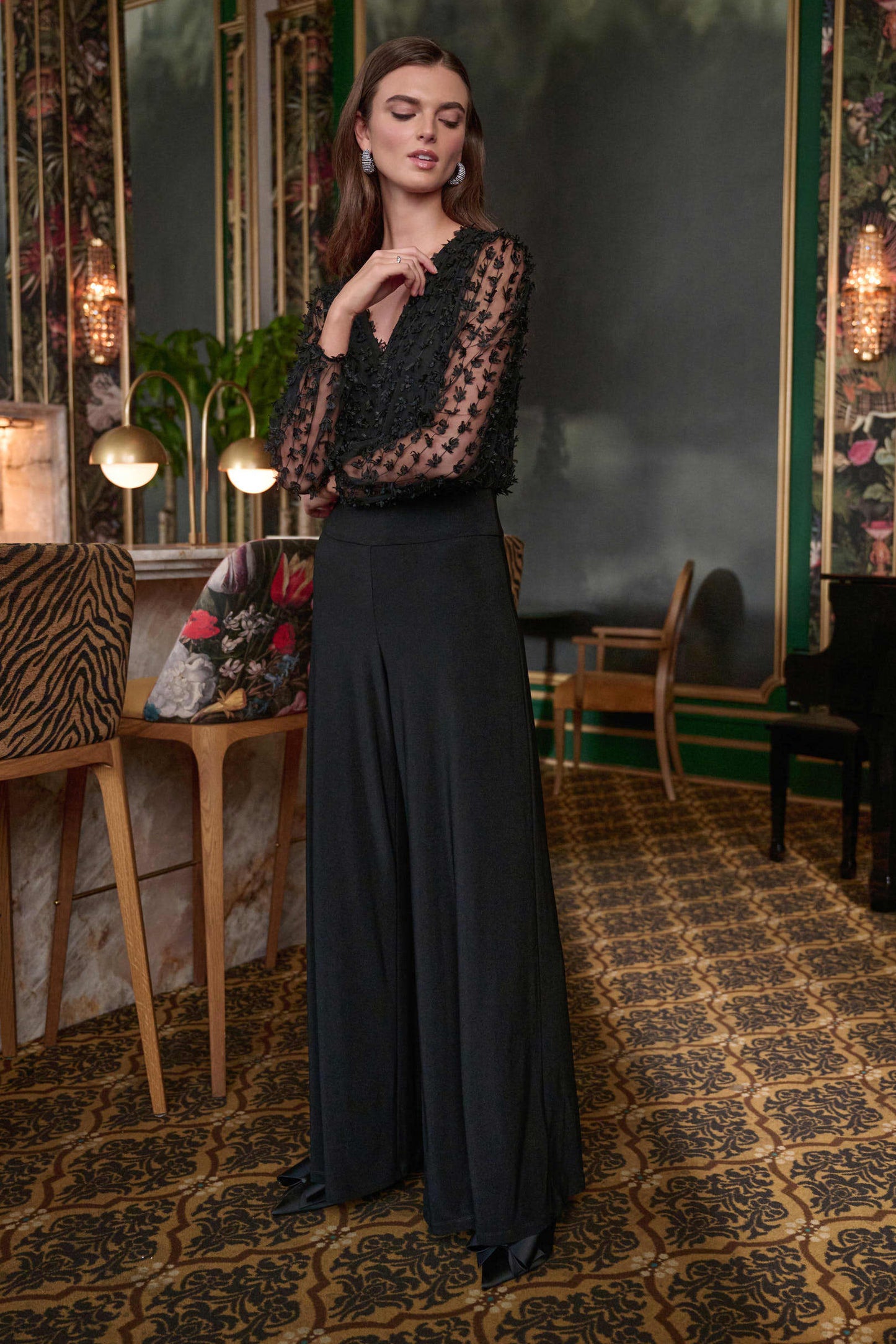 Silky Knit and Sheer Novelty Wide Leg Jumpsuit