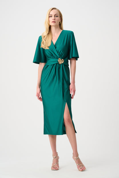 Satin Knit Wrap Dress With Ruched Waistband