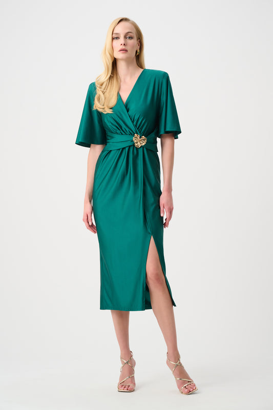 Satin Knit Wrap Dress With Ruched Waistband