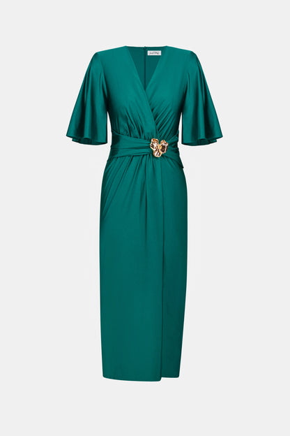 Satin Knit Wrap Dress With Ruched Waistband