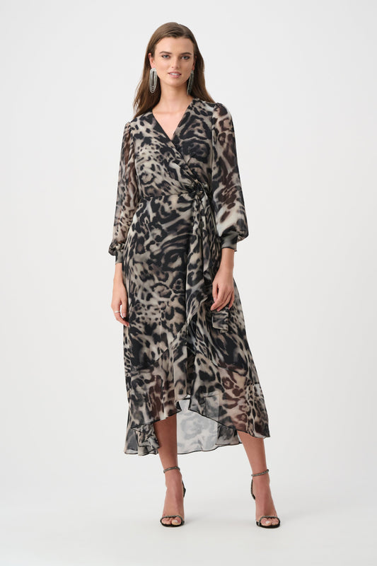 Chiffon Animal Print Fit and Flare Wrap Dress