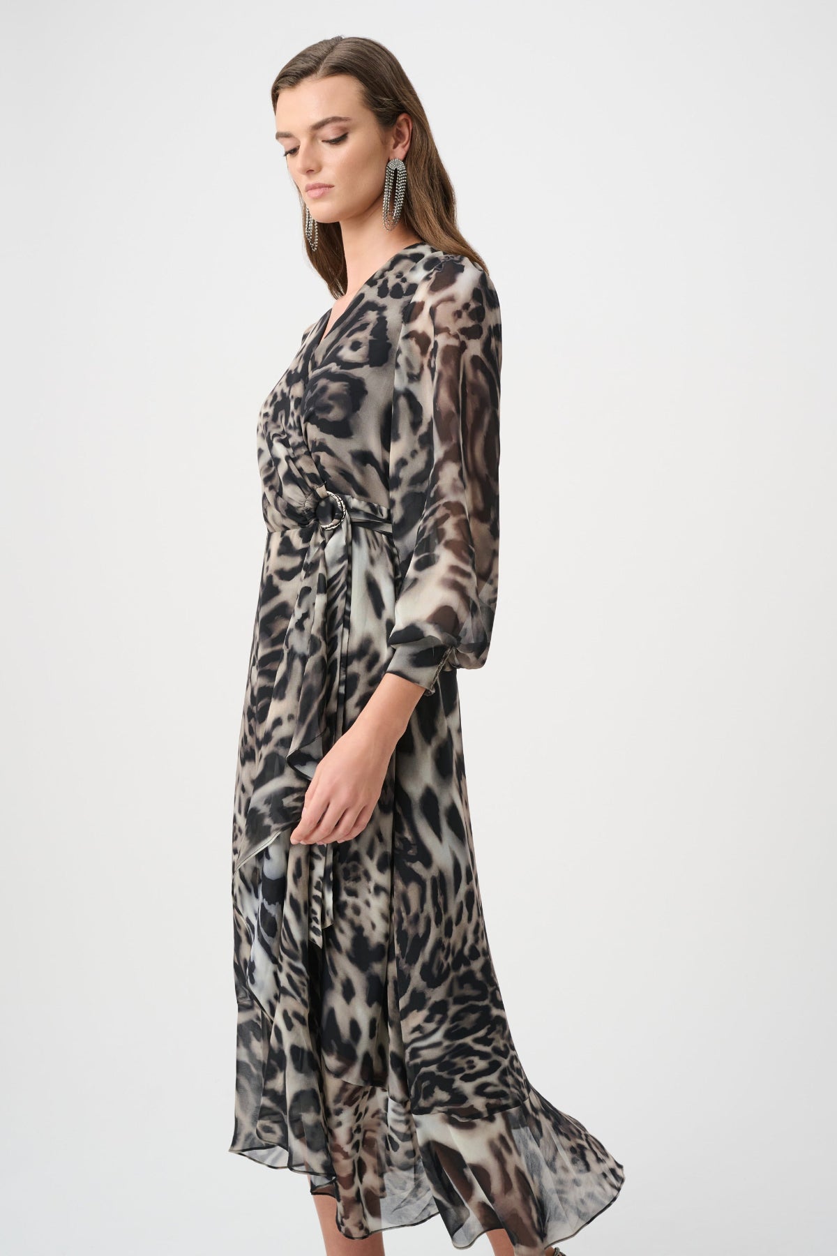 Chiffon Animal Print Fit and Flare Wrap Dress