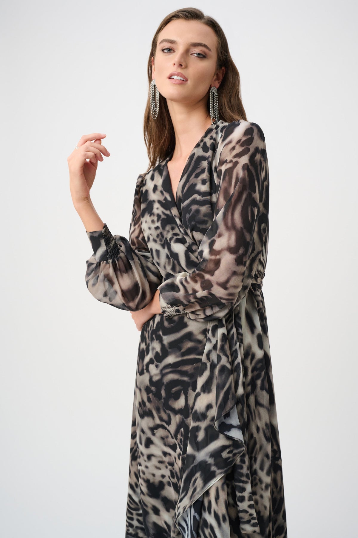 Chiffon Animal Print Fit and Flare Wrap Dress