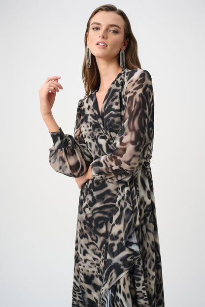 Chiffon Animal Print Fit and Flare Wrap Dress