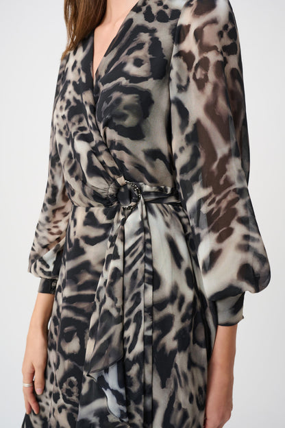 Chiffon Animal Print Fit and Flare Wrap Dress