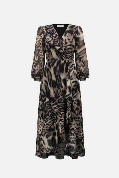 Chiffon Animal Print Fit and Flare Wrap Dress