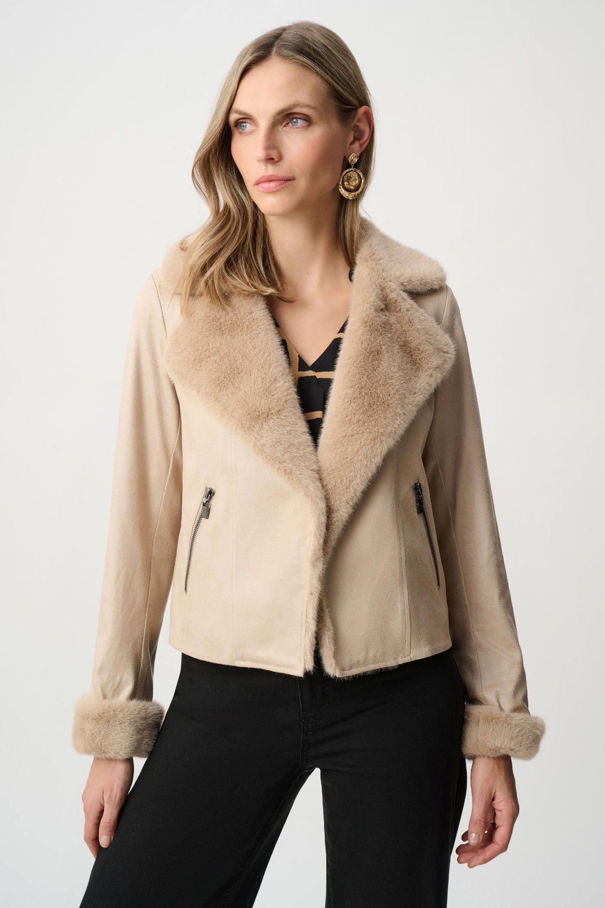 Foiled Faux Suede Jacket with Faux Fur Collar