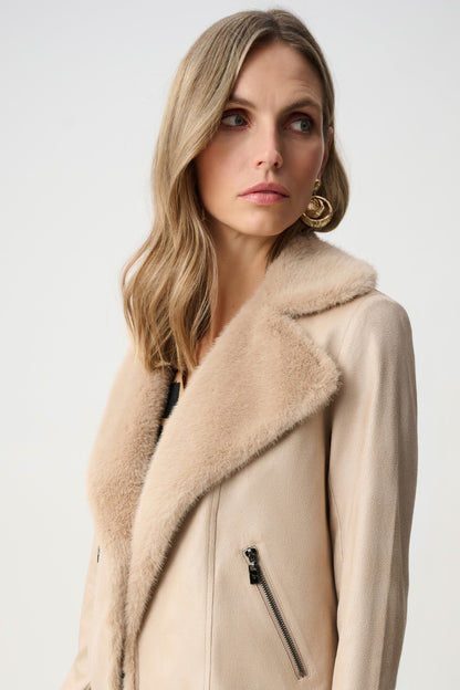 Foiled Faux Suede Jacket with Faux Fur Collar