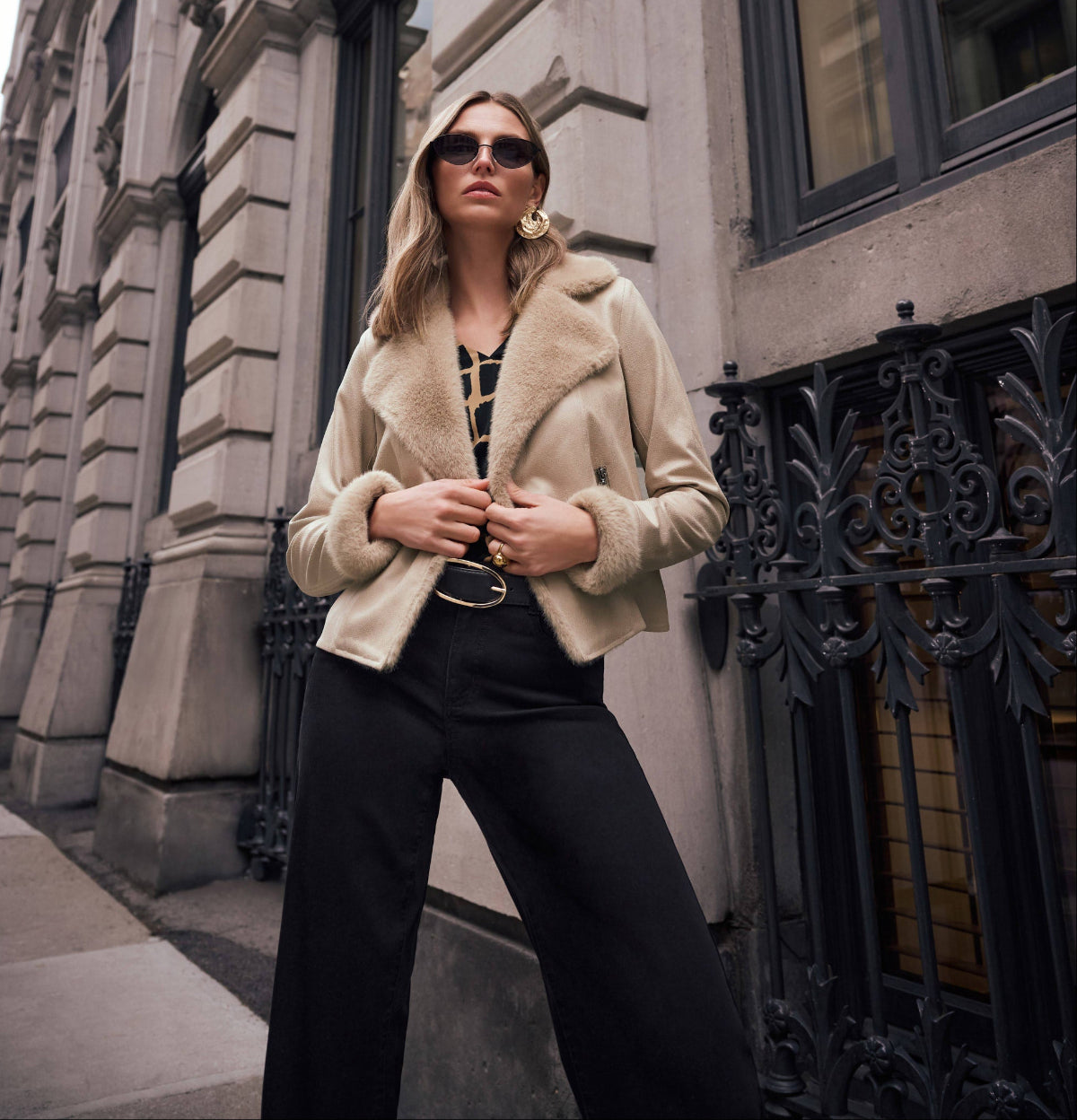 Foiled Faux Suede Jacket with Faux Fur Collar