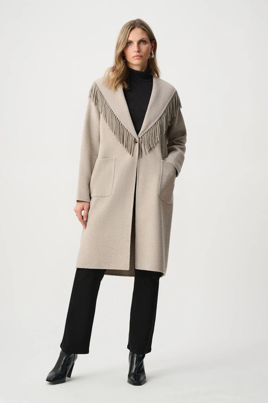 Joseph Ribkoff Wool Blend Shawl Collar Fringed Coat