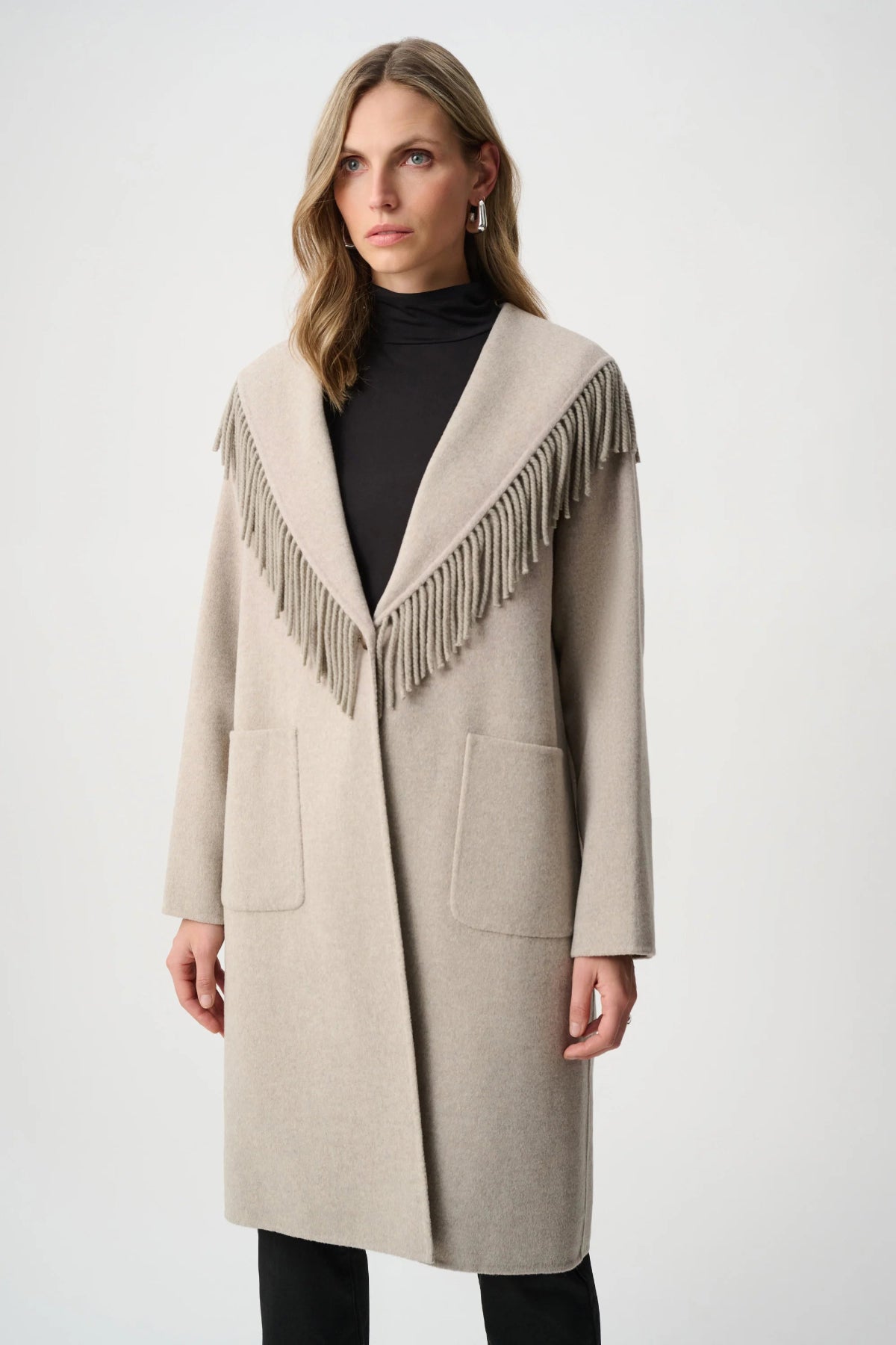 Joseph Ribkoff Wool Blend Shawl Collar Fringed Coat