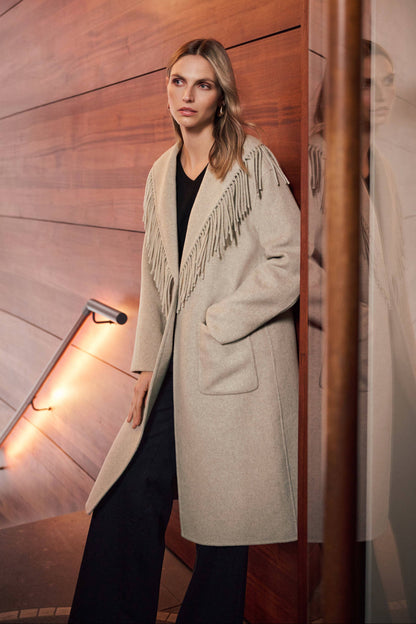 Joseph Ribkoff Wool Blend Shawl Collar Fringed Coat