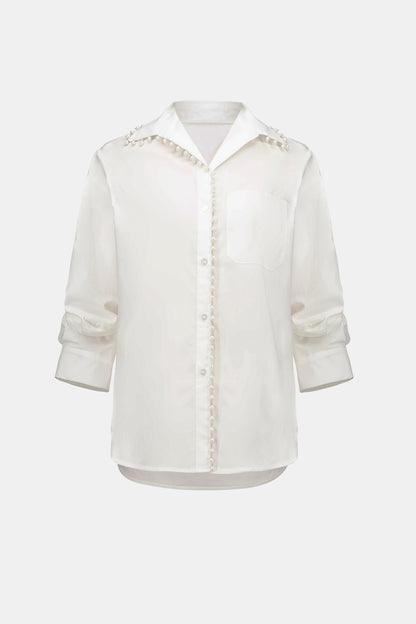 Cotton Poplin Pearl Trim Boxy Blouse