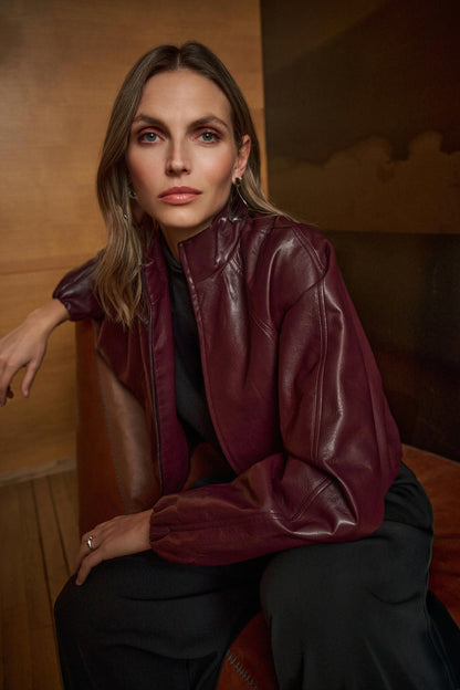 Joseph Ribkoff Leatherette Mock-Neck Bomber Jacket