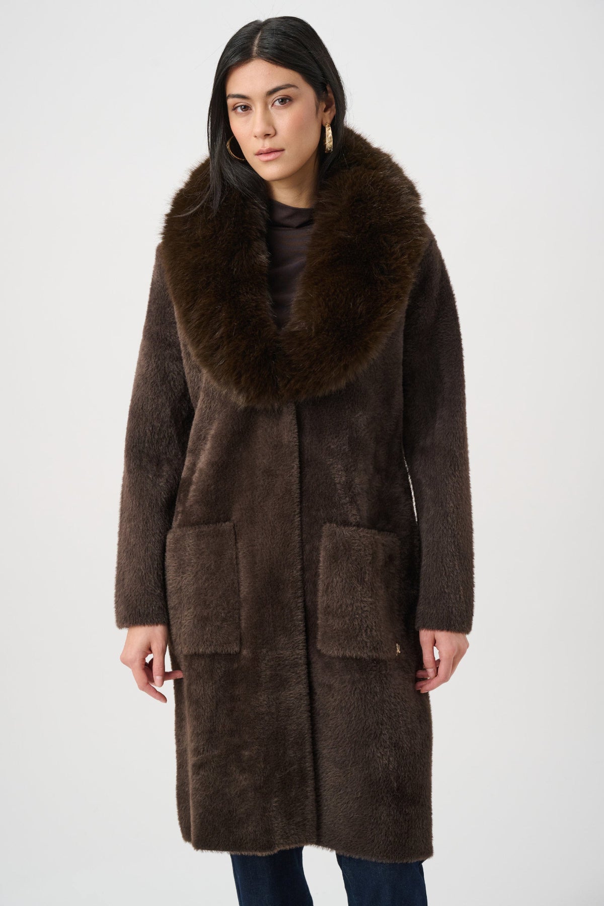Mocha Feather Yarn Coat with Detachable Faux Fur Collar