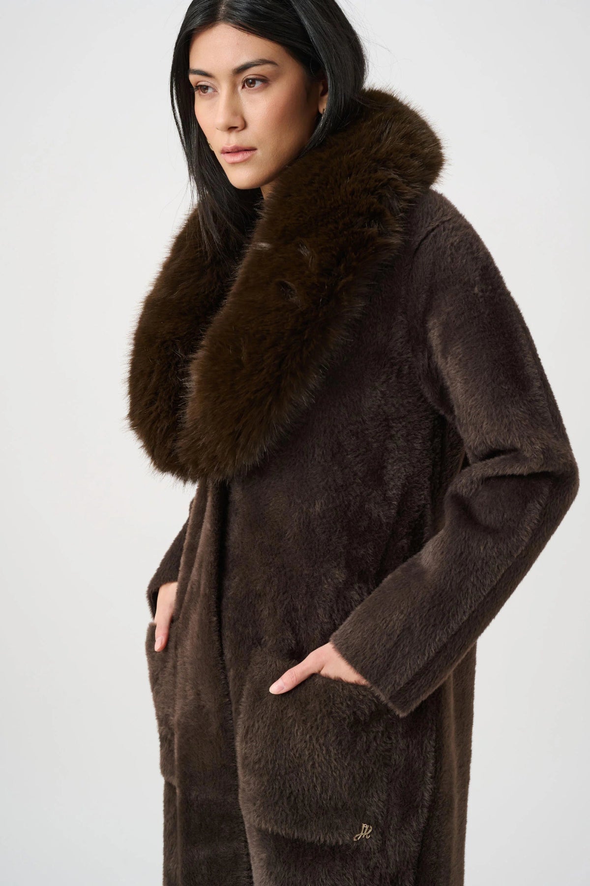 Mocha Feather Yarn Coat with Detachable Faux Fur Collar
