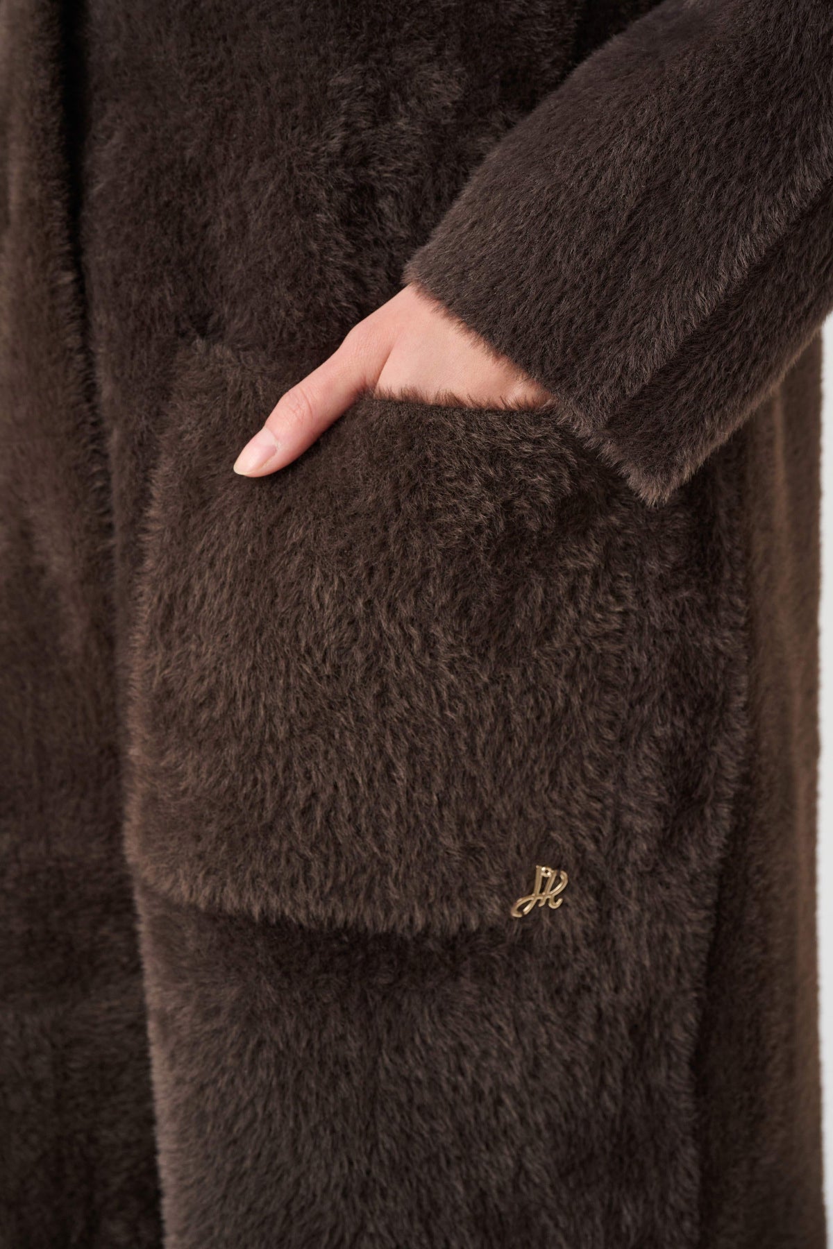 Mocha Feather Yarn Coat with Detachable Faux Fur Collar
