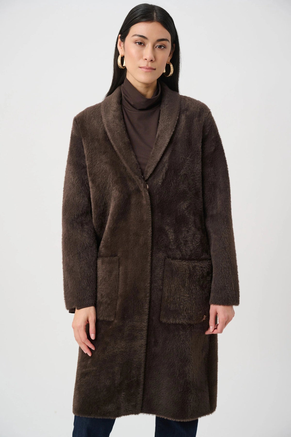 Mocha Feather Yarn Coat with Detachable Faux Fur Collar