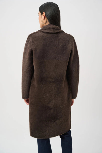 Mocha Feather Yarn Coat with Detachable Faux Fur Collar
