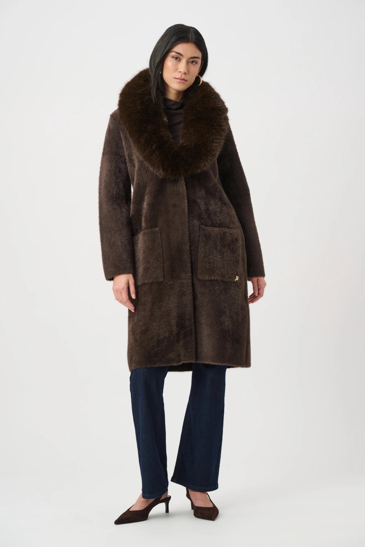 Mocha Feather Yarn Coat with Detachable Faux Fur Collar