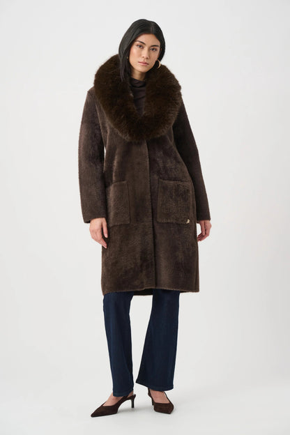 Mocha Feather Yarn Coat with Detachable Faux Fur Collar