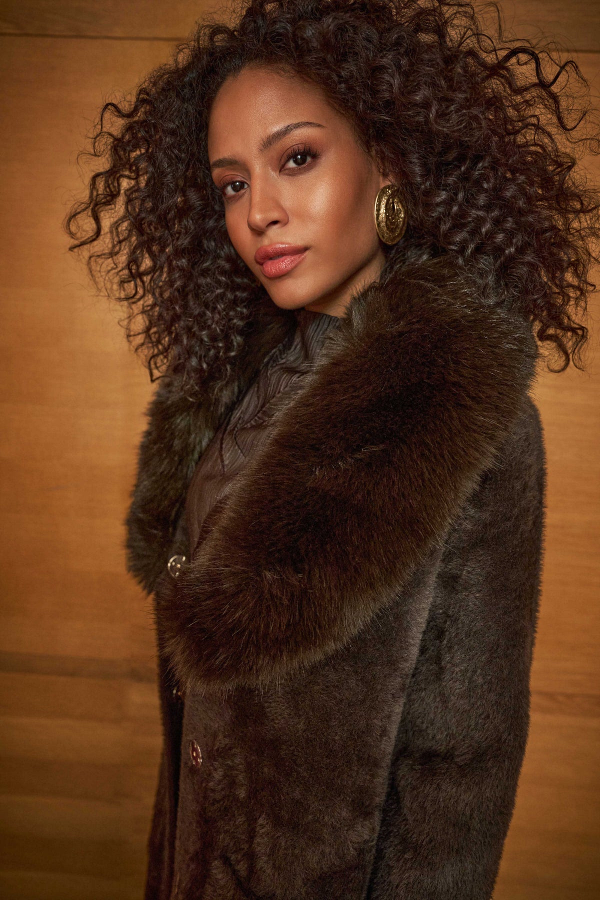 Mocha Feather Yarn Coat with Detachable Faux Fur Collar