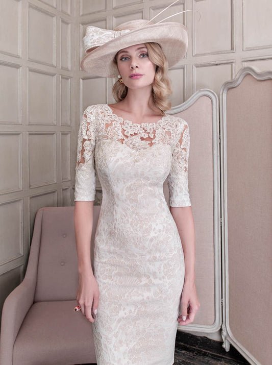 Champagne Stretch Jacquard Dress with Lace 26428B
