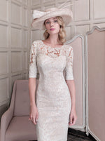 Load image into Gallery viewer, Champagne Stretch Jacquard Dress with Lace 26428B
