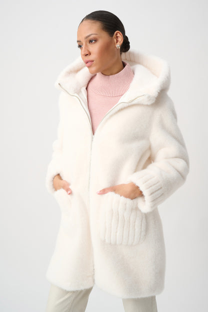 Plush Hooded Mid-Length Coat with Ribbed Details